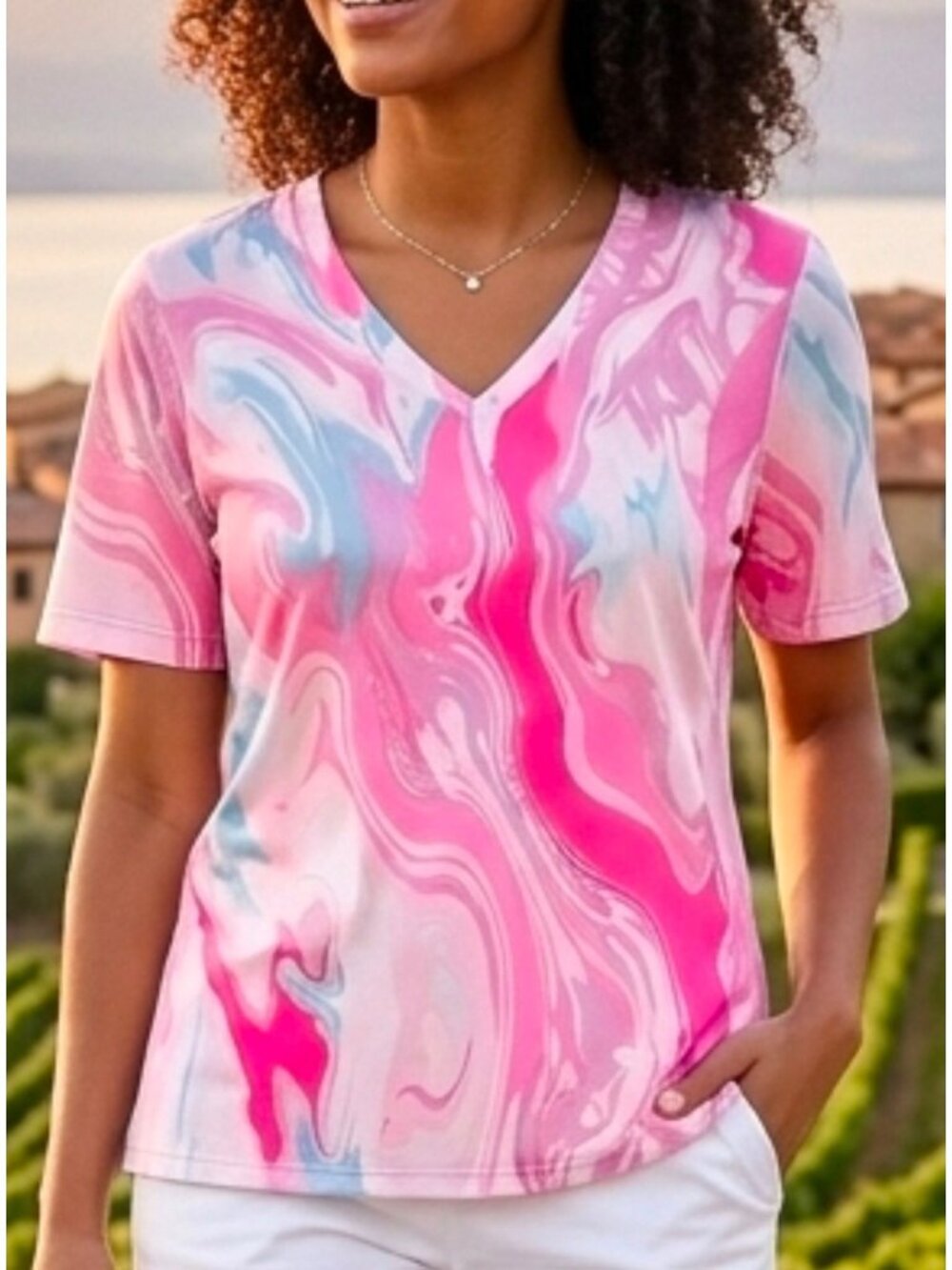 Team 365 Womens Pink Swirl Short-Sleeve V-Neck Moisture-Wicking Jersey Athletic